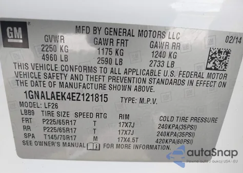 2014 Chevrolet Equinox Ls z USA, uszkodzony, nr VIN 1GNALAEK4EZ121815